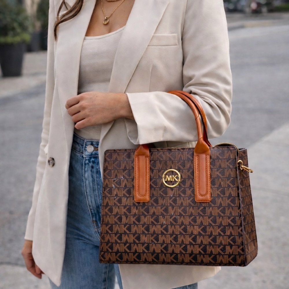 Elegant Logo Satchel in Brown and Tan